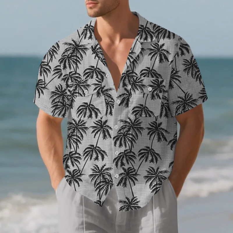 

Summer Men's Beach Short-sleeved Shirt Coconut Tree Short-sleeved Beach Hawaii Vacation Loose Printed Shirt Men