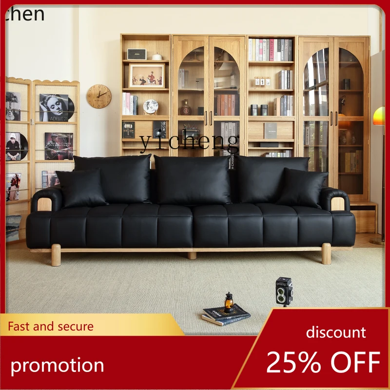 

HXL sofa home solid wood leather waffle sofa small apartment straight row leather sofa first layer cowhide