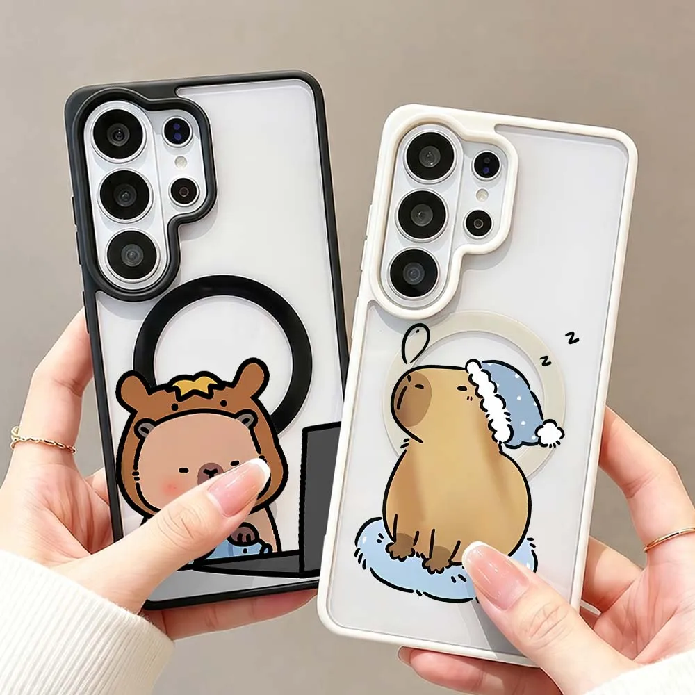 Cartoon Capybara Sleep Hat Phone Case For Samsung Galaxy S26 S25 S24 S23 FE Plus Ultra Wireless Charge Magnetic Magsafe Cover