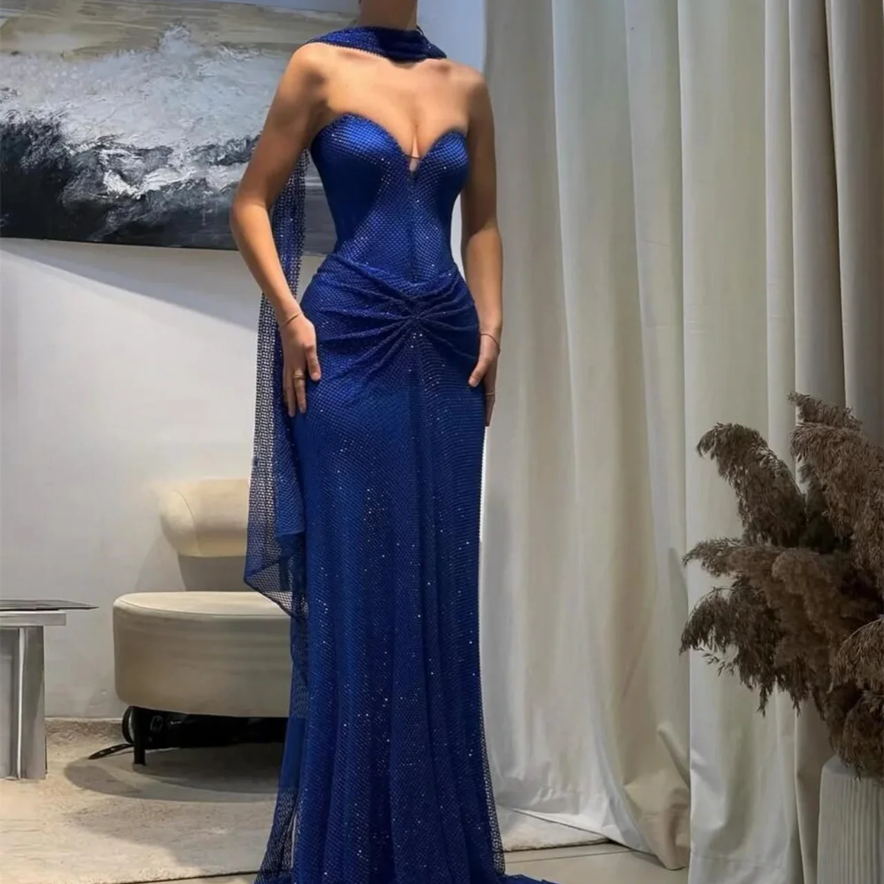Customized  High Quality V-neck Wrinkle A-line Blue Sleeveless Floor Length Vestido Festa De Luxo  فساتين زارا الجديده 2025