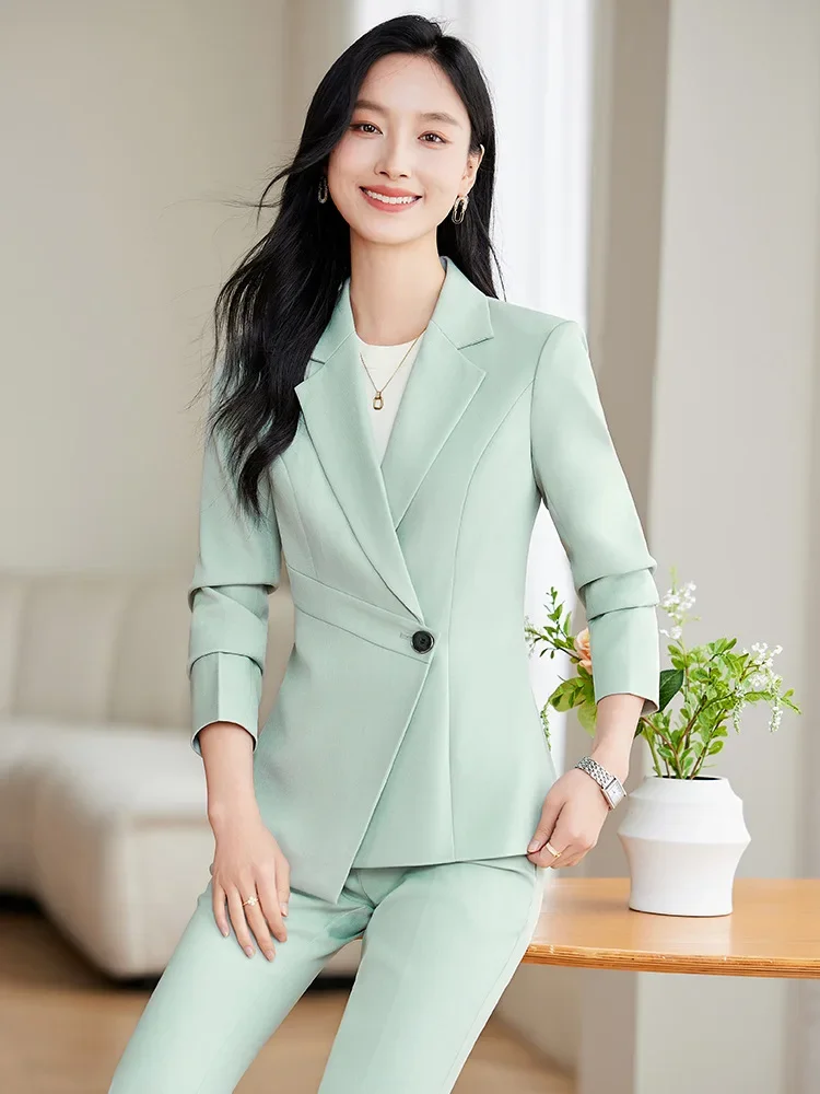 Pop elegante verde damasco preto senhoras calça terno feminino negócios trabalho wear jaqueta e calças blazer 2 peça conjunto