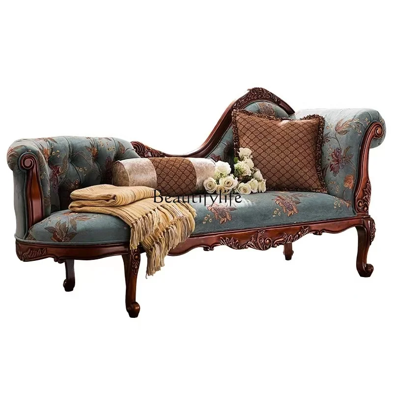 

Solid wood concubine chair European carved double fabric sofa chair simple light luxury style