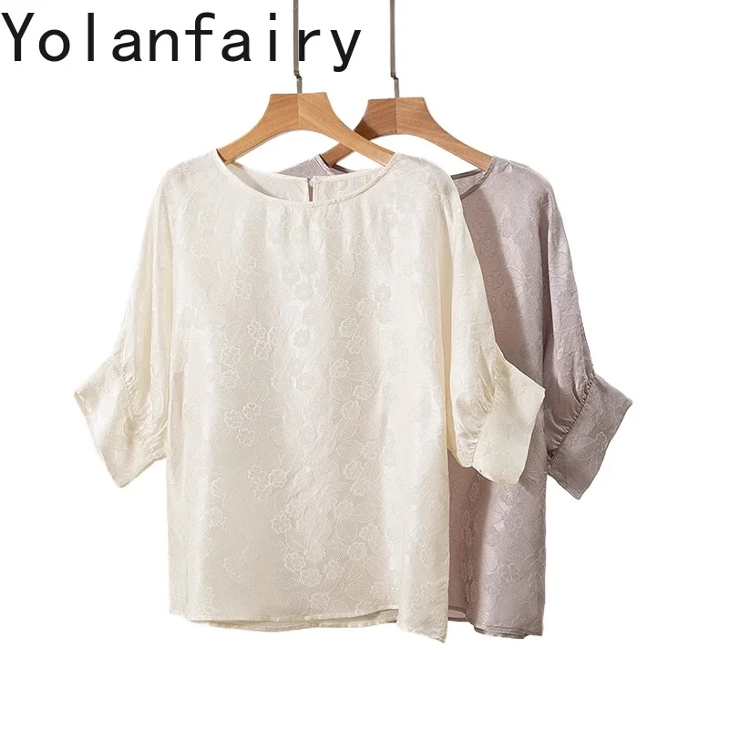 

YOLANFAIRY 100% Real Mulberry Silk Blouses for Woman Elegant Silk Jacquard Summer Blouses 2025 Round-neck Top Half Sleeve 여성여름옷