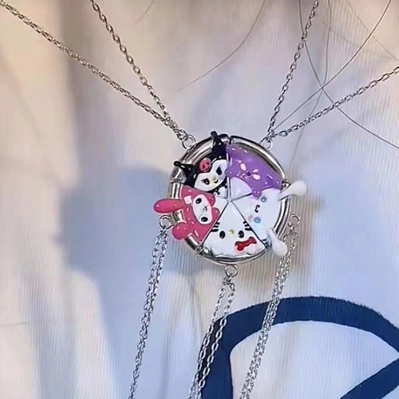 1pc HelloKitty Kulome Pizza Necklace Sanrio Cute Pendant Magnetic Sister Necklace Cartoon Fashion Jewelry Best Friend Gift