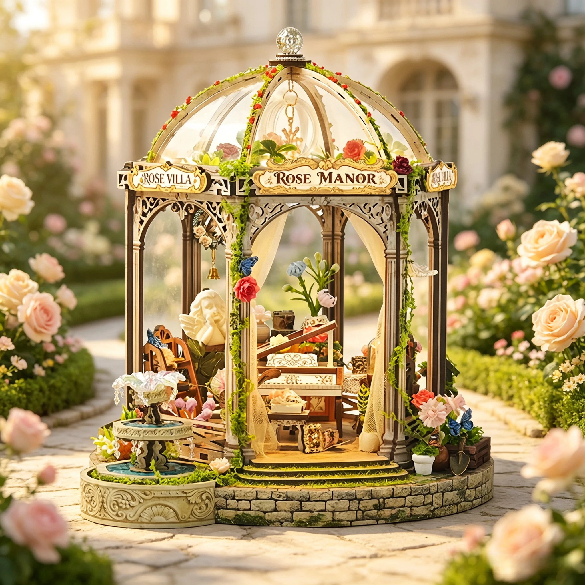DIY Wooden Romantic Rose Manor Cottage Miniature Dollhouse 3D Puzzle Assembly Model Kit for Friends Birthday Gifts Home Decor