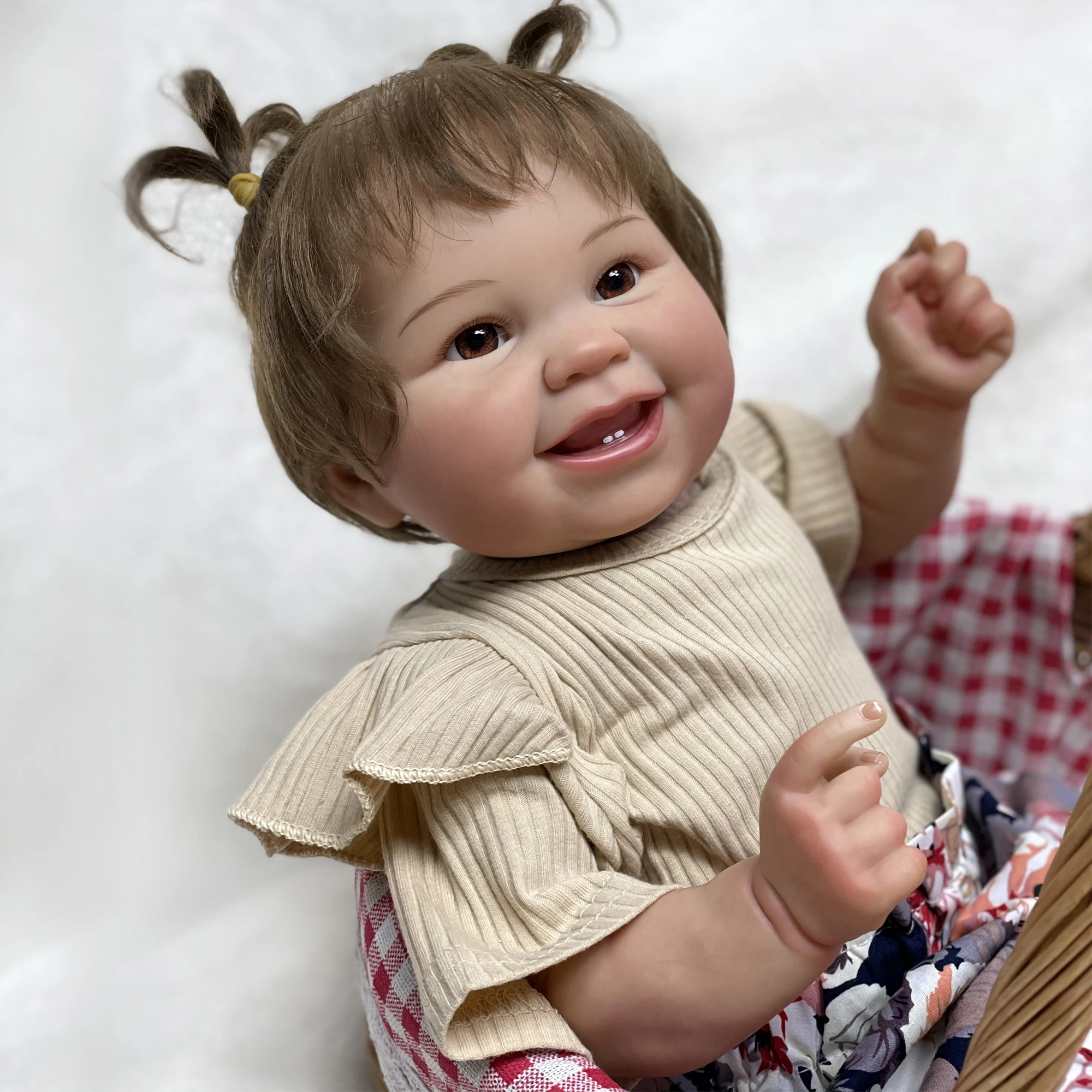 55CM Bebe Reborn Dolls Juliana Lovely Smile Handmade Painted Lifelike Newborn Doll With Rooted Brown Hair Muñecas Para Niñas