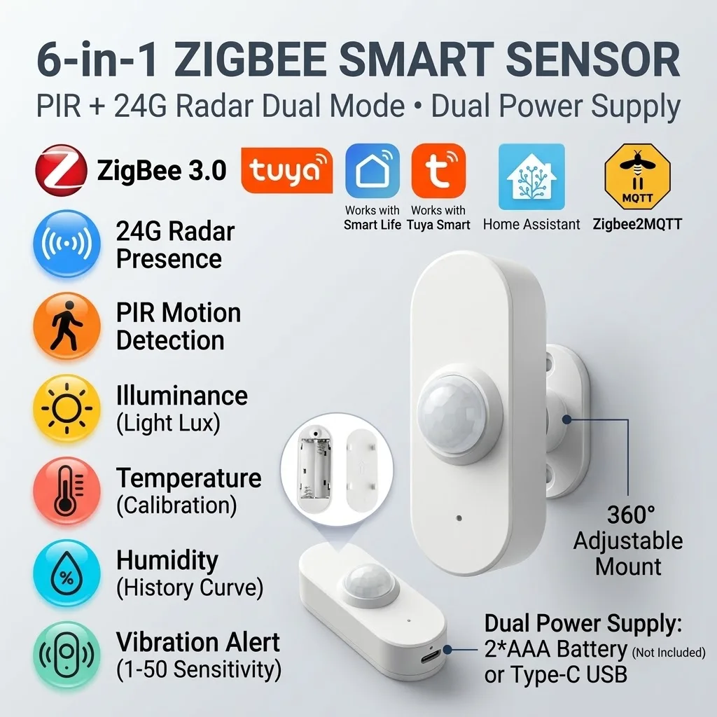 Tuya 24GHz Radar Human Sensor Supports PIR, Light, Temperature, Humidity, Vibration Detection, USB/Battery Powered, 2M / HA Supp