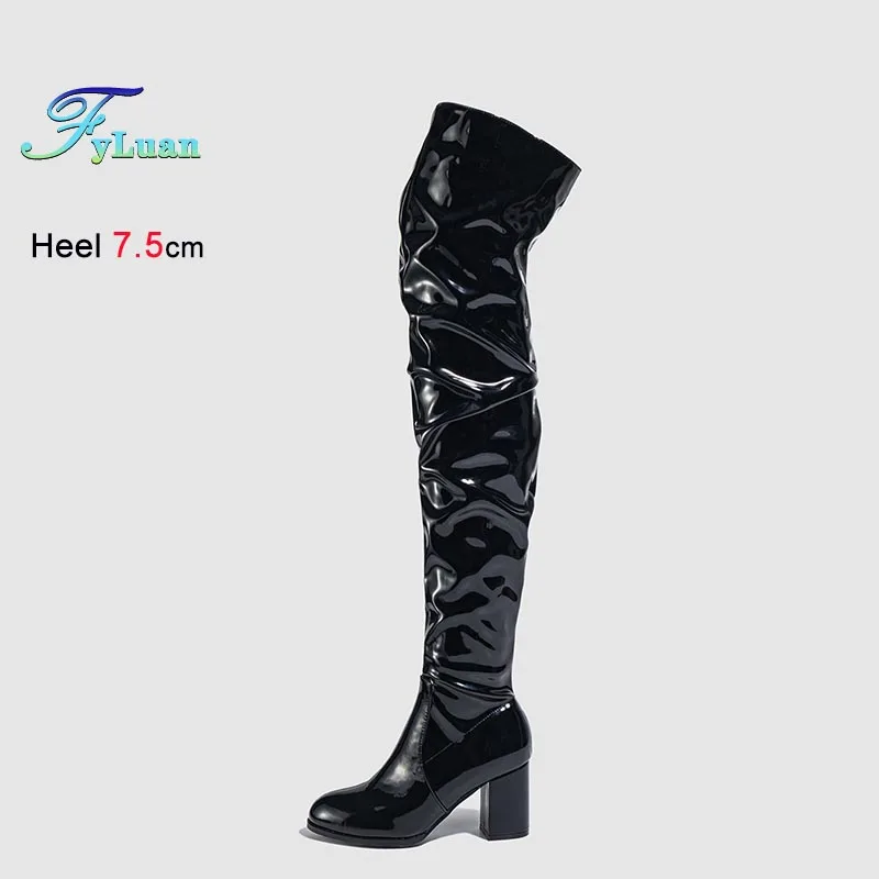 

Женские модные черные ботфорты выше колена на толстом каблуке 7,5 см для вечеринок и ночных клубов, осень-зима 2026