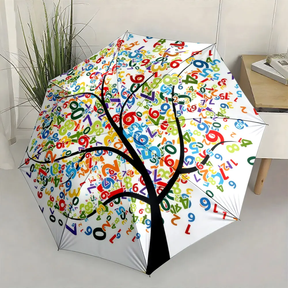 1PC Colorful Number Tree Umbrella: A Unique Design Print 8 Iron Ribs Folding Umbrella Auto-Open Fashion Sunshade