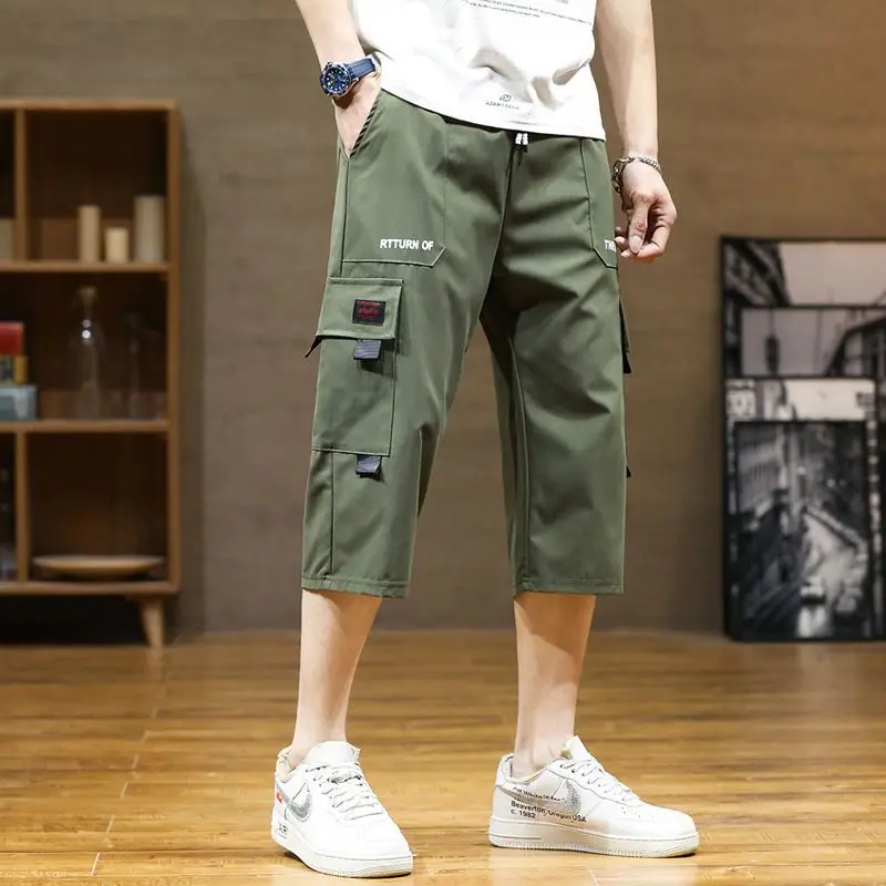 Summer Casual Fashion Simple Loose Thin Ice Silk Cargo Shorts Men New Solid Elastic Waist Drawstring Sports Straight Short Pants