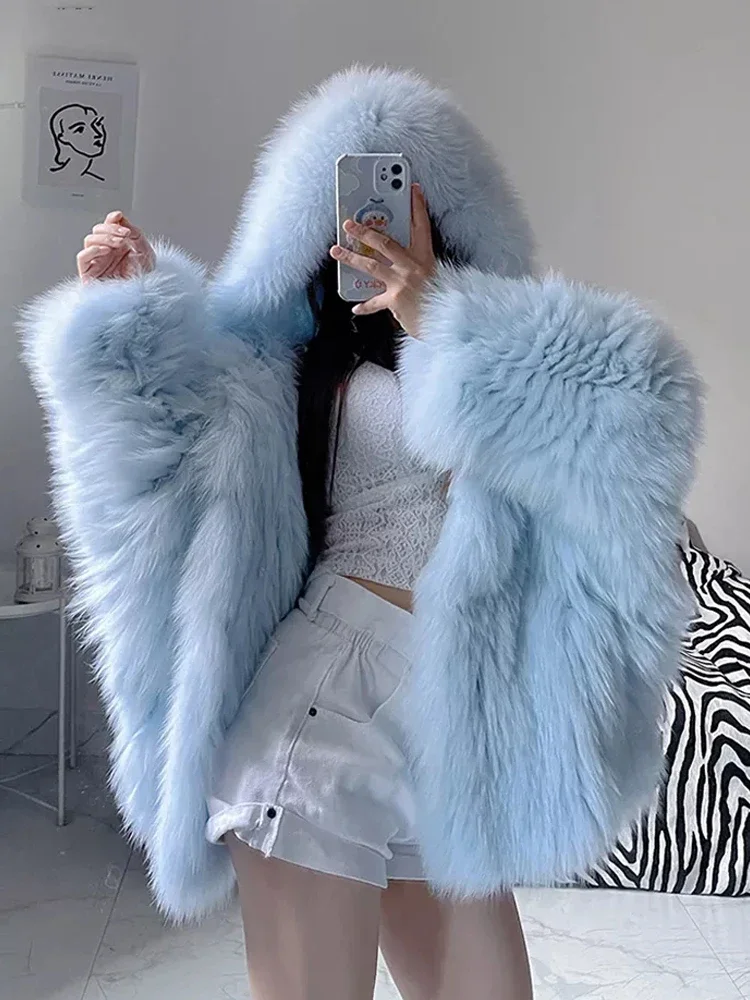 2024 Winter Faux Fur Coat Shaggy Hairy Thick Warm Soft Faux Fur Jacket Women with Hood Bat Sleeved Loose Casual Designer Clothes