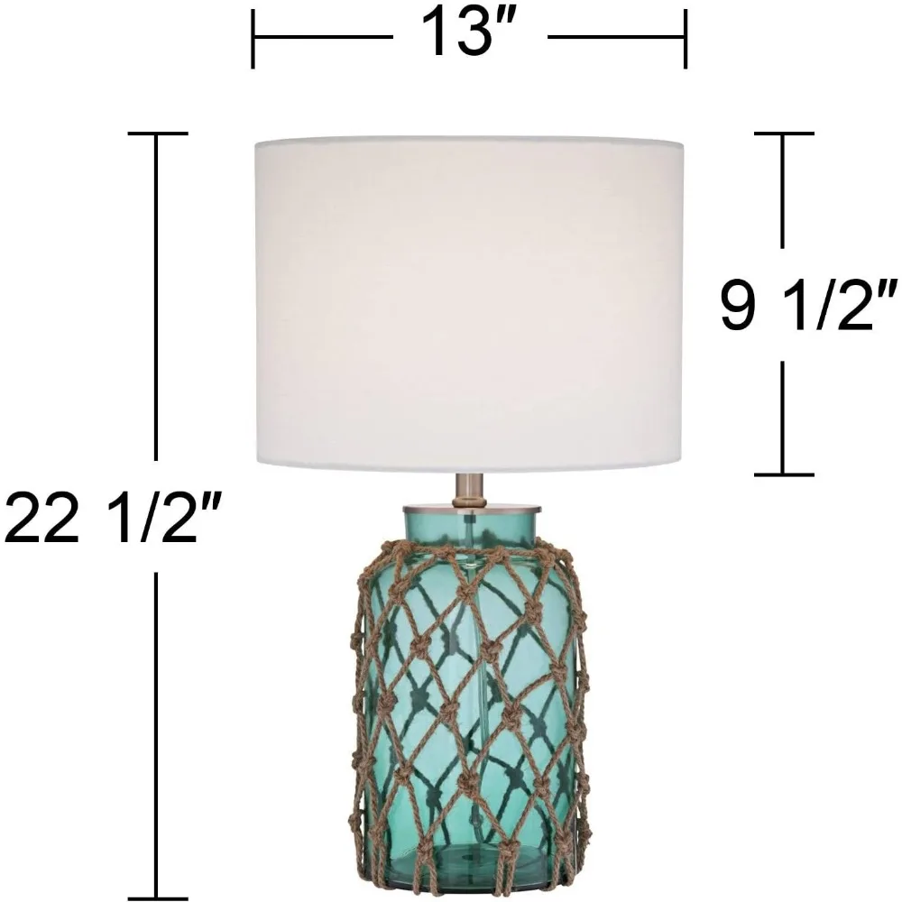 مصباح طاولة شبكي بحبل زجاجي أزرق وأخضر ساحلي مع غطاء طبل أبيض فاتح، ارتفاع 22.5، نمط كوخ ريفي