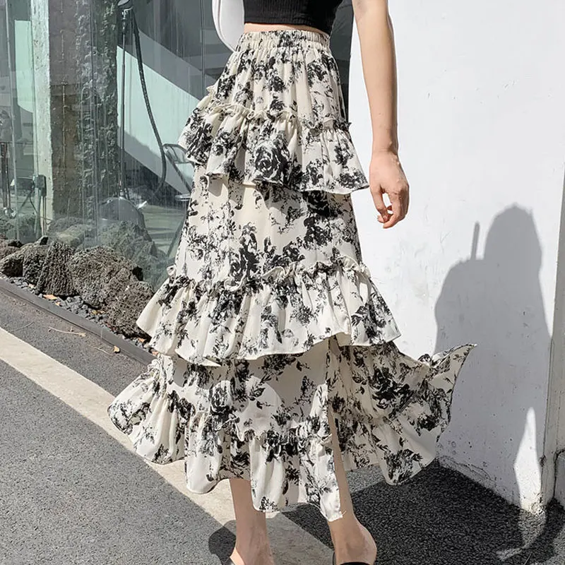 Fashion Ruffles Irregular Skirts Split Female Clothing Casual Broken Flowers Summer Thin A-Line High Waist Cupcake Long Skirts