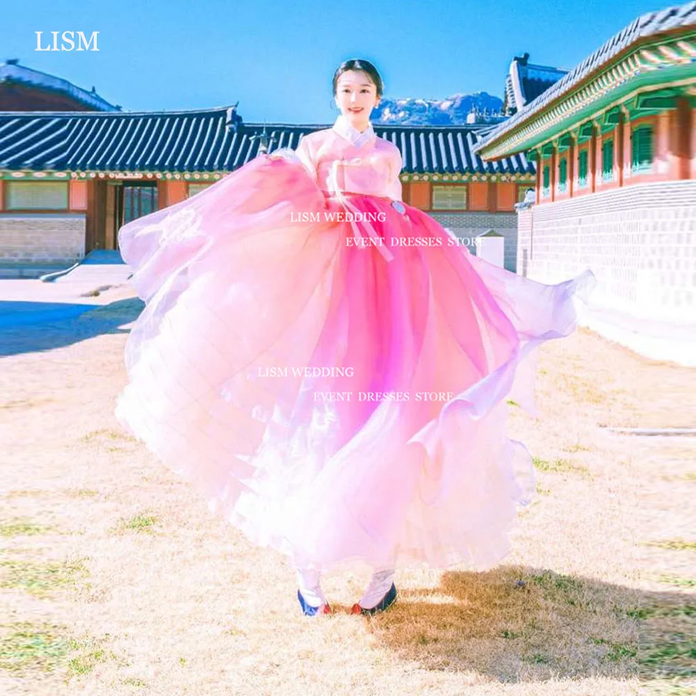 Lismus Vintage Korea A-Linie Hanbok Brautkleider Fotoshooting volle Ärmel V-Ausschnitt Organza formelle Gelegenheit Kleid boden lang