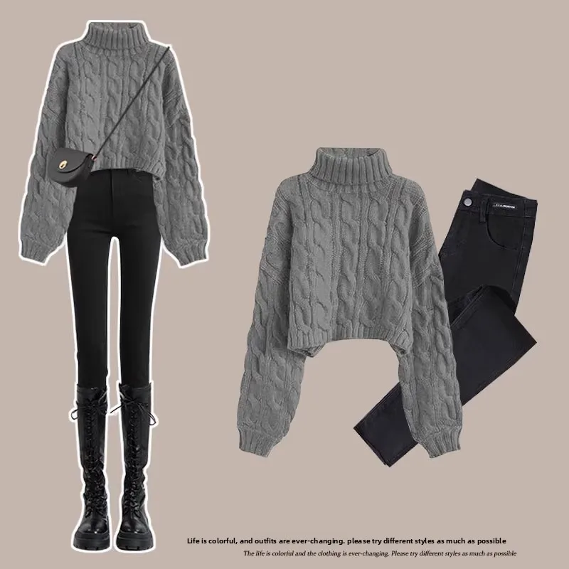 الأحمر عالية الياقة Thiened Fce محبوك سترة المرأة الخريف الشتاء Faion التخسيس جينز رفيع مجموعة تخفيف Sle