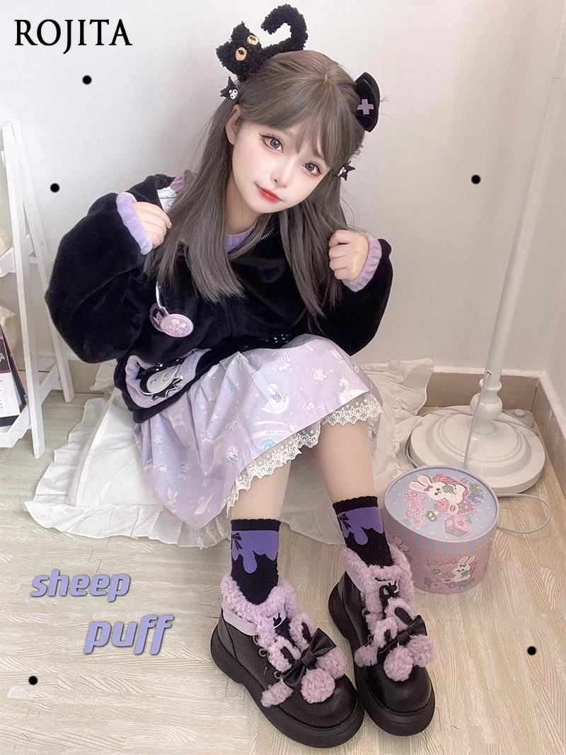 

Detachable Rabbit Decoration Black Purple Color Block Autumn Winter Sweet Cool Fleece Lined Warm Thick Sole Cotton Shoes Snow