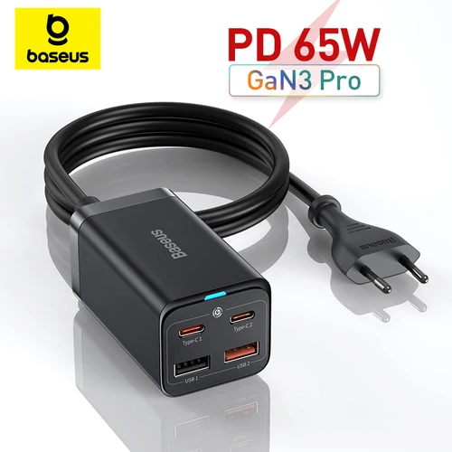 Cargador de escritorio Baseus 4 en 1 de 65W para ordenador portátil, tableta, cargador rápido para Samsung S24, Xiaomi, Redmi, iPhone, cargador de teléfono GaN
