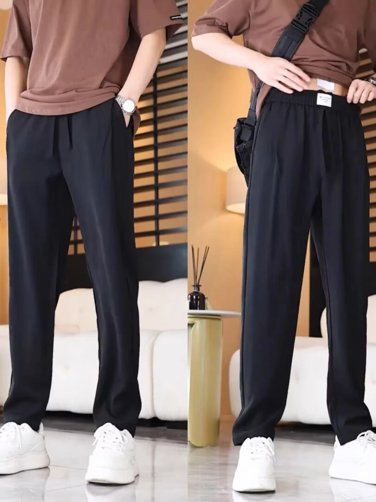 

Мужские летние брюки из ледяного шелка: тонкие, струящиеся, повседневные, свободного прямого кроя, с эффектом премиум-класса, быстросохнущие, модные, прямые штанины