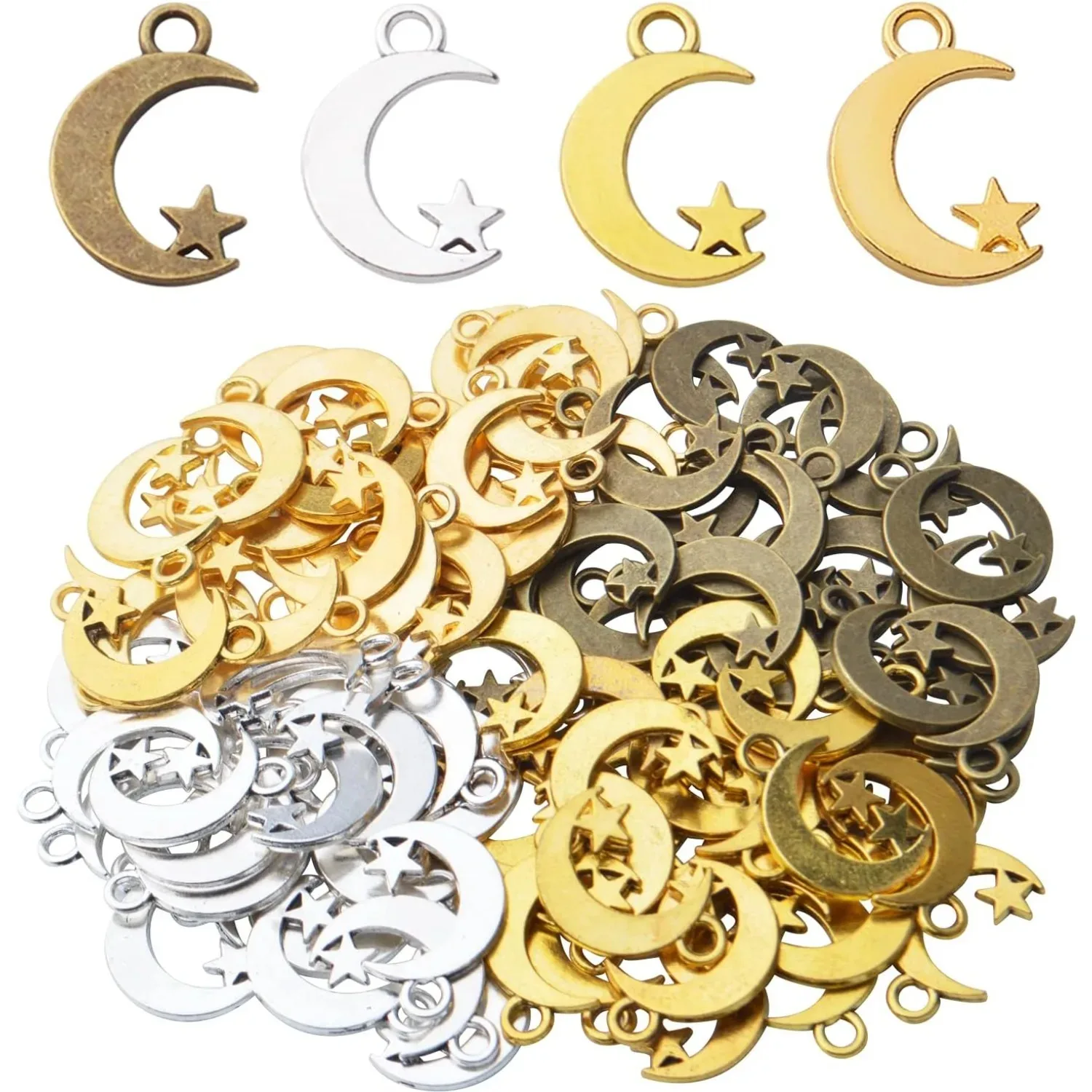 

100 шт., подвески из сплава с луной и звездой, небесные бусины, подвески для DIY, серьги, ожерелье, браслет, изготовление ювелирных изделий, 4 цвета