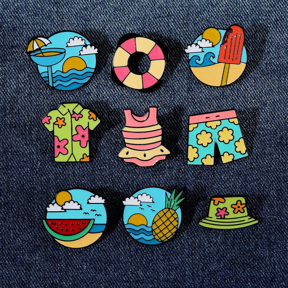 Pretty Beach Wear Bikini Enamel Brooches Sea Cold Drink Popsicle Fruit Watermelon Pineapple Pins Summer Jewelry Free Shipping