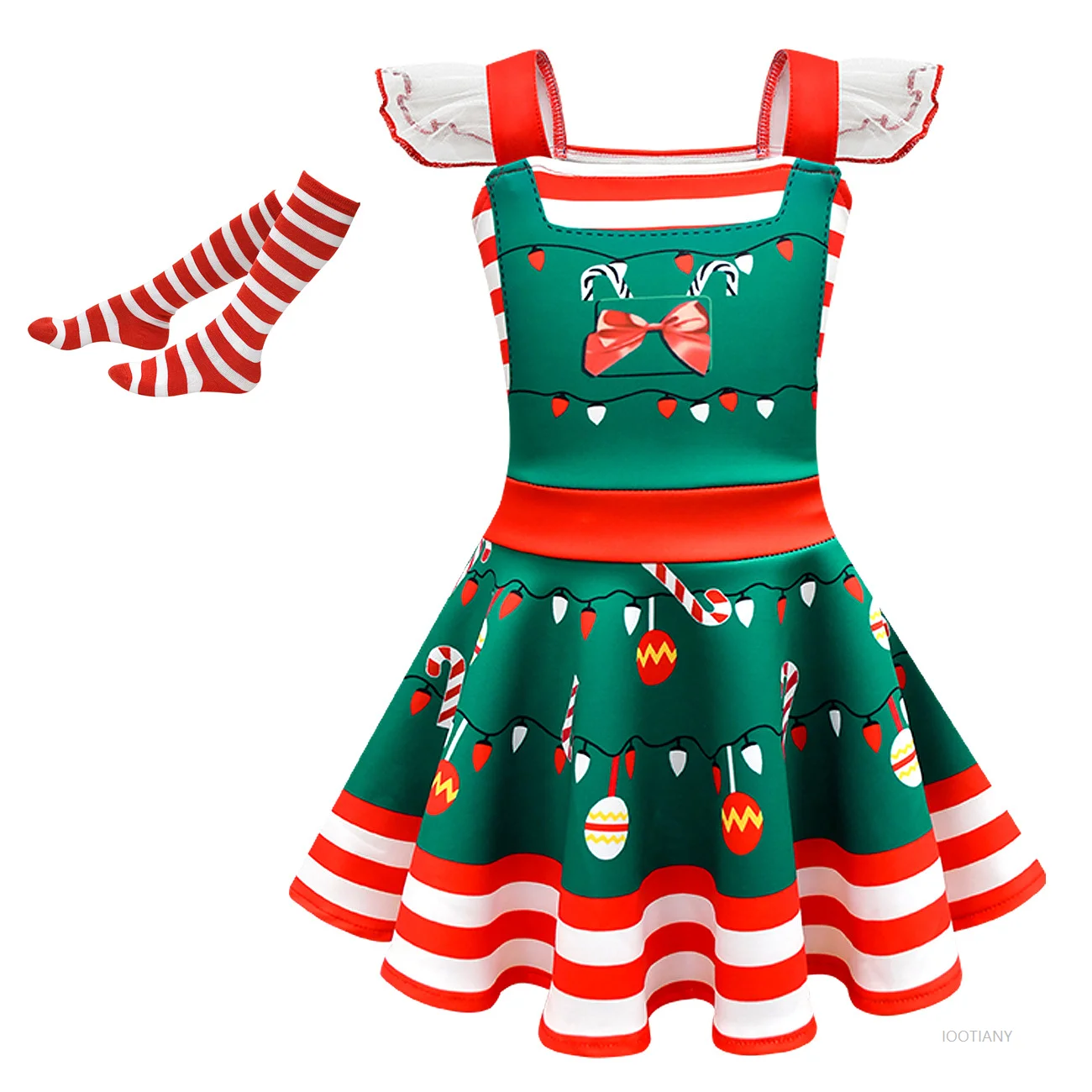 Abito natalizio per ragazze girocollo elfo verde costume da gioco di ruolo per bambini modello retrò abito senza maniche festa di compleanno di carnevale