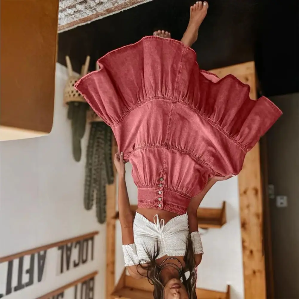 Women Denim Skirt High Waist Buttons Fly Multi Layer Ruffle Stitching Long Skirt Bohemia Style Ruffle Stitching Long Skirt