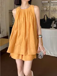 Chic Solid Summer Sleeveless Outfits Women Simple Tank Top and Sling Wide Leg Pants Two Piece Round Collar Loose Casual Suit