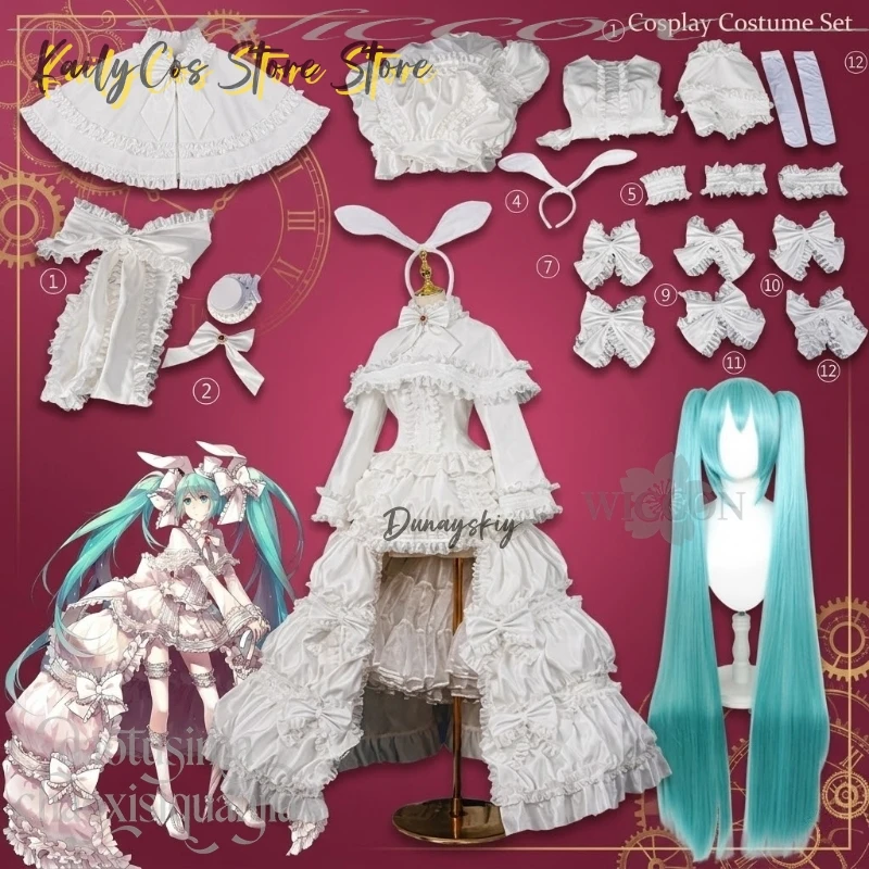 Disfraz de Cosplay de Mikuuu de Project Sekai, Diadema de Conejo Kawaii, Estilo Lolita Clásico, Vestido Largo Blanco Retro para Halloween