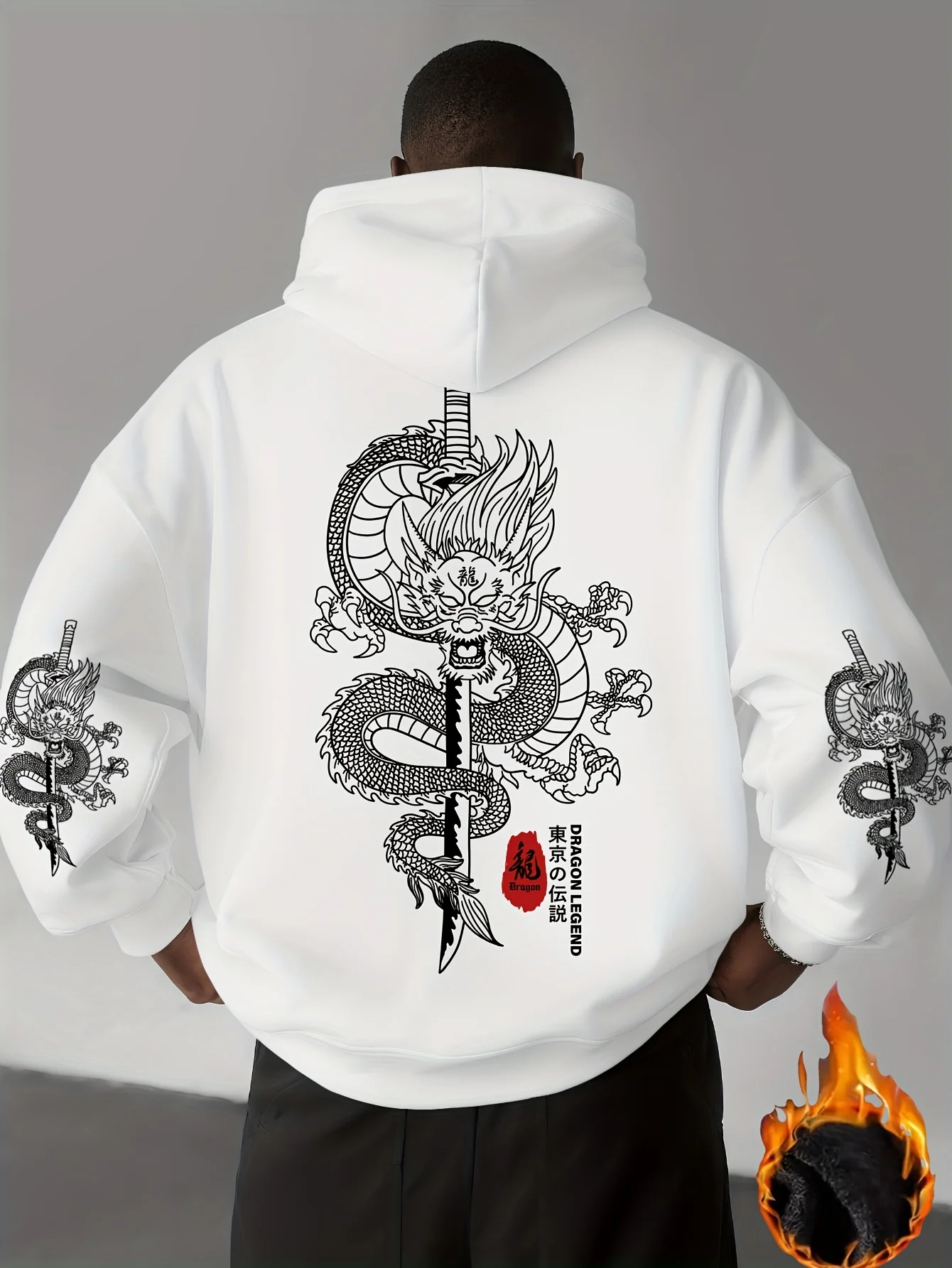 Eastern Dragon Trendy Fashion Men's Hooded Sweatshirt with Double-Sleeves and Dragon Patterned Samurai Sword Print