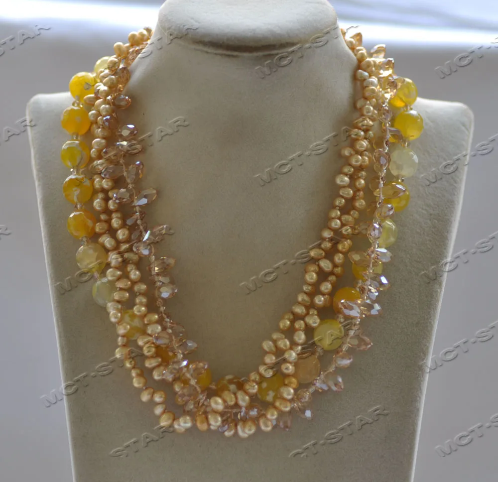 

Z12682 4Row 18" 20mm Yellow Faceted Round Agate Drop Crystal Rice Pearl Necklace