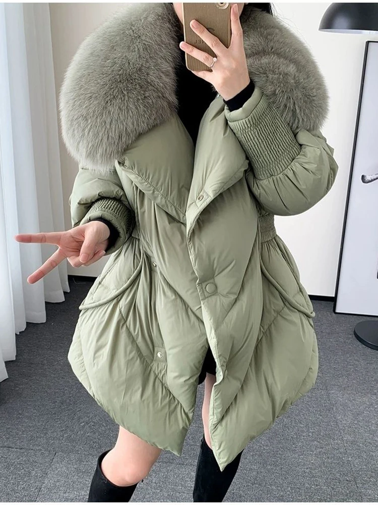 Winter 2024 New Big Fur Collar White Duck Down Puffer Jacket Medium Length Coat for Women Warm Thicken Loose Parka