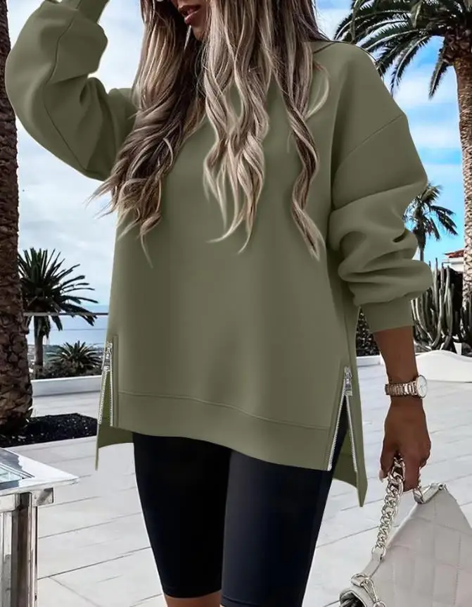 Women's Sweatshirts 2025 Spring New Round Neck Drop Shoulder Long Sleeve Zipper Side Slit Sweatshirt Casual High-Low Hem Top