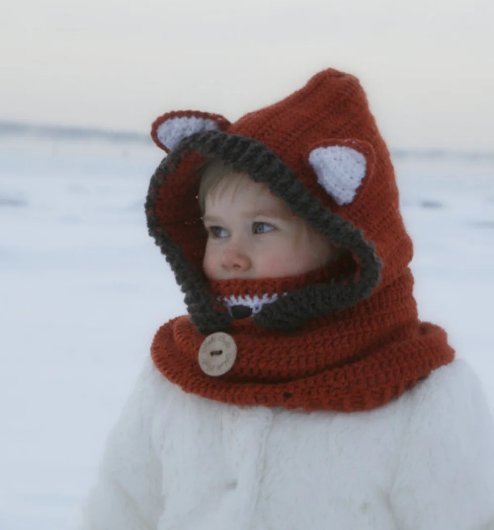 Kids Knitted Wool Cape Fox Cat Wool Hat Hand-Woven Earmuffs Scarf Earflap Hood Caps for Girls