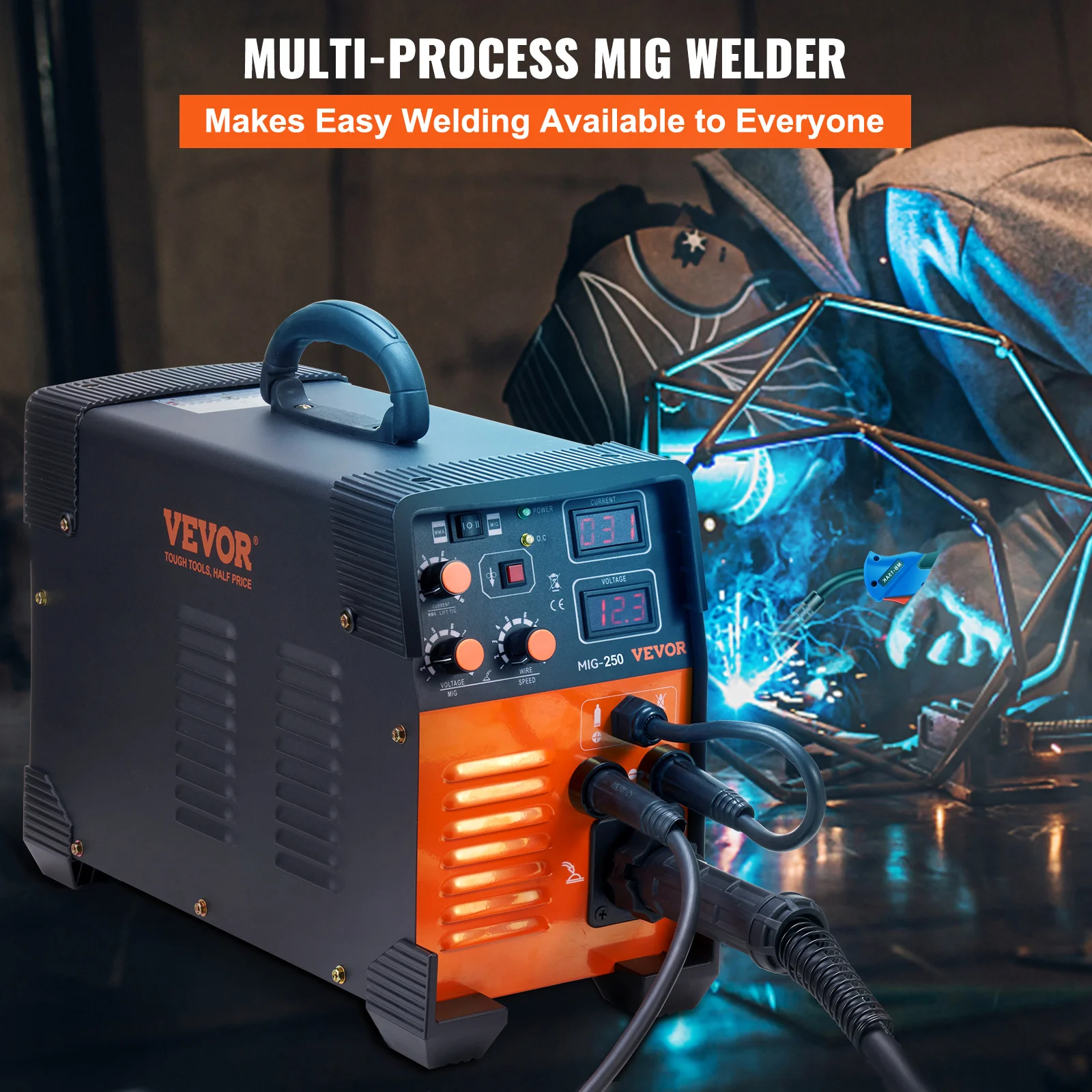 VEVOR MIG Welder 250/160/200A TIG Arc Welder 3 in 1 Welding Machine Stick IGBT DC Inverter  Digital Display Combo Work, and DIY