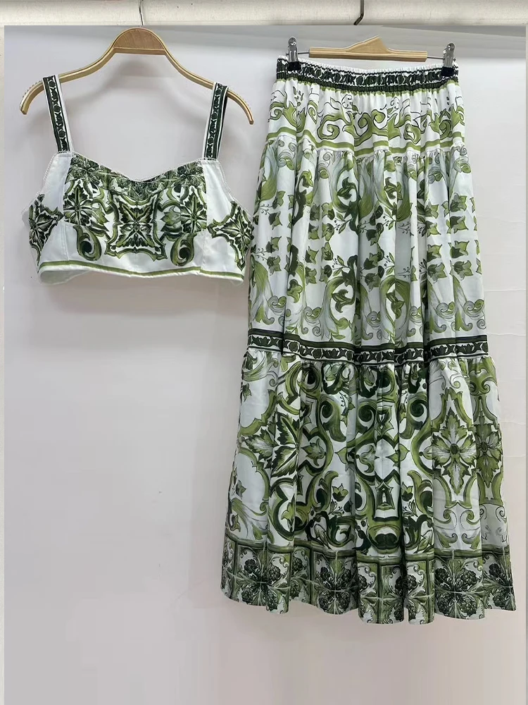 

Retro summer new two-piece geometric printing sexy short suspender top+high waist big skirt fashion temperament female suit