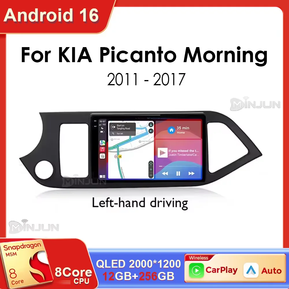 Radio Multimedia para Auto Android 16 para Kia Morning Picanto 2011-2017 (LHD), Pantalla QLED, Qualcomm, Reproductor de Video, Bluetooth, Estéreo, CarPlay