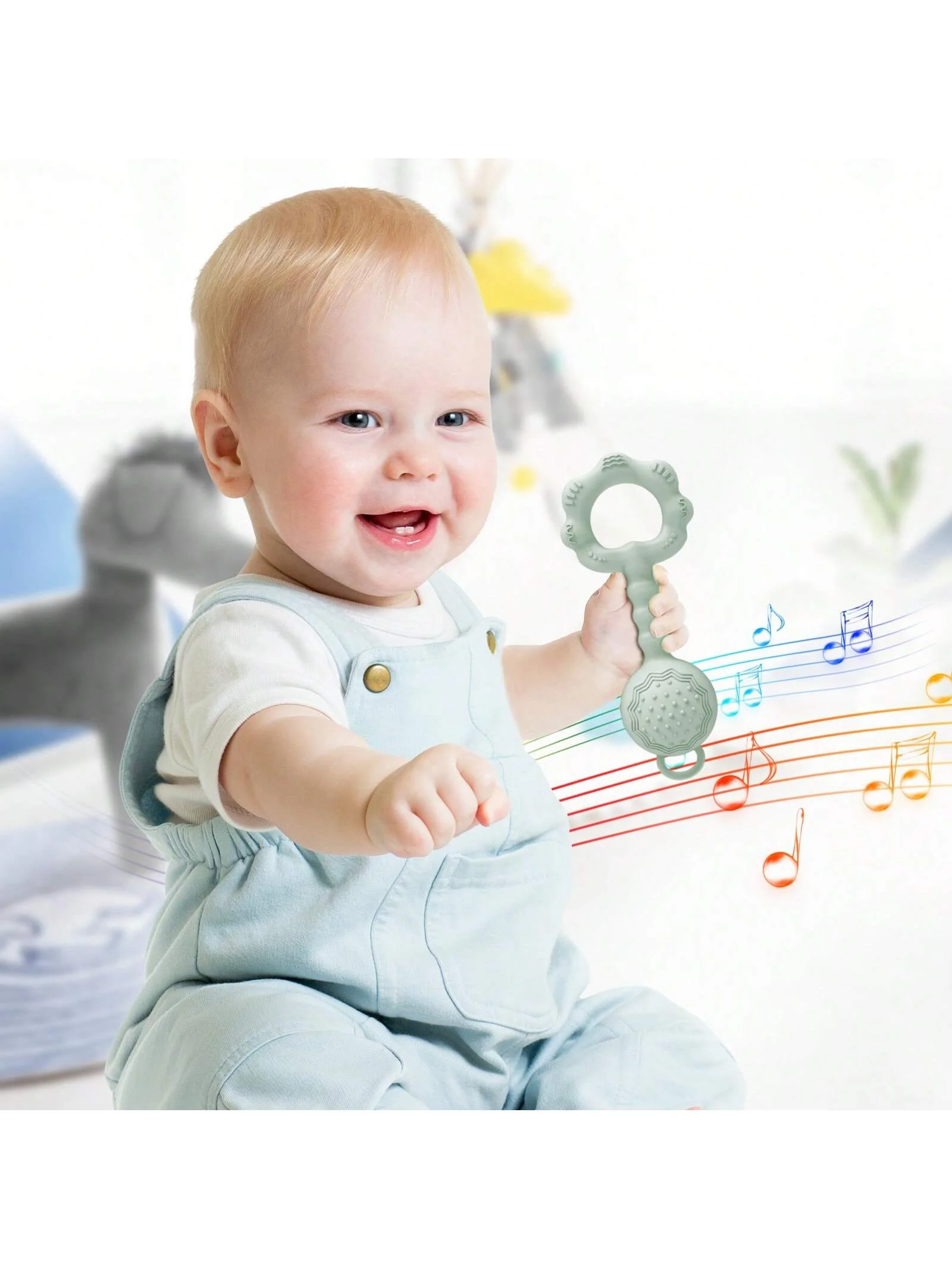 1 jouet hochet en silicone. Anneau de dentition apaisant pour bébés garçons et filles. Doux, sûr et parfait pour mâcher et réconforter.