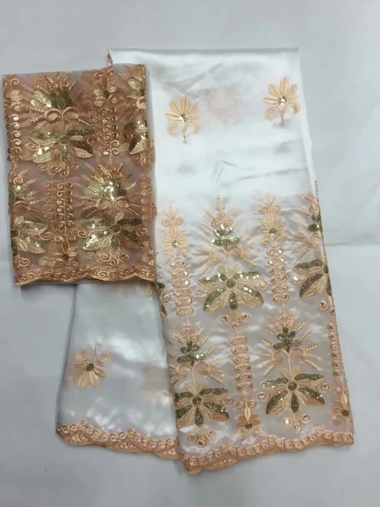 

High Quality African George Lace Fabric With Sequins White + Gold Laces For Indian Women Wedding Dress Sewing Nigerian George