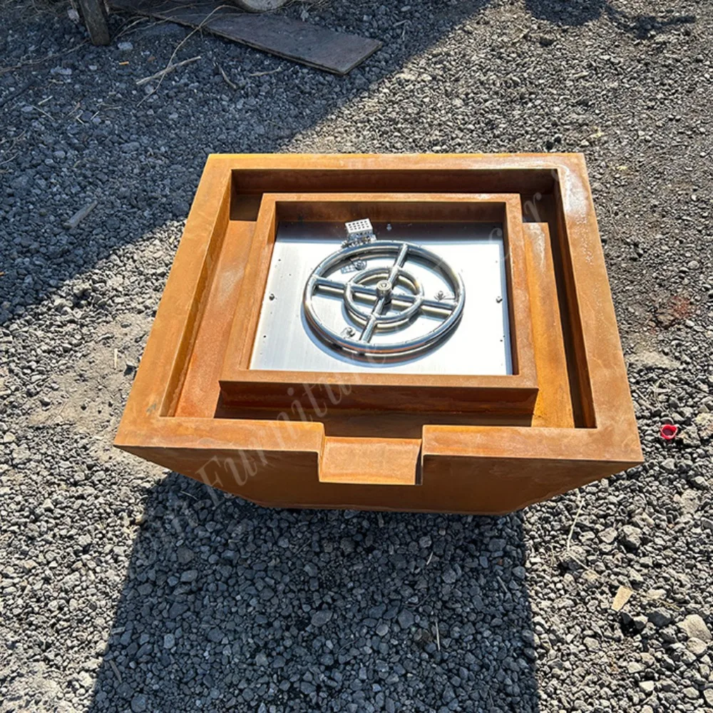 Square Outdoor Weather Resistant Steel Brazier with Water Feature Waterfall Fire Bowl