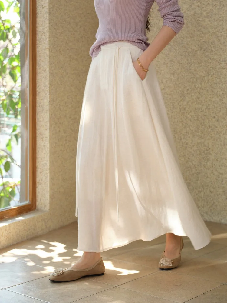 Women High Waist Drawstring Skirt A Line Maxi Skirt Flowing Pleated Long Skirt Elegant Slim Fit Spring Summer Casual Outfit Lady