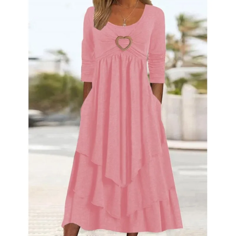 Feminino elegante multi camadas emenda bolo bainha vestidos 2025 outono cintura alta manga longa feminino amor coração decoração bolso vestido