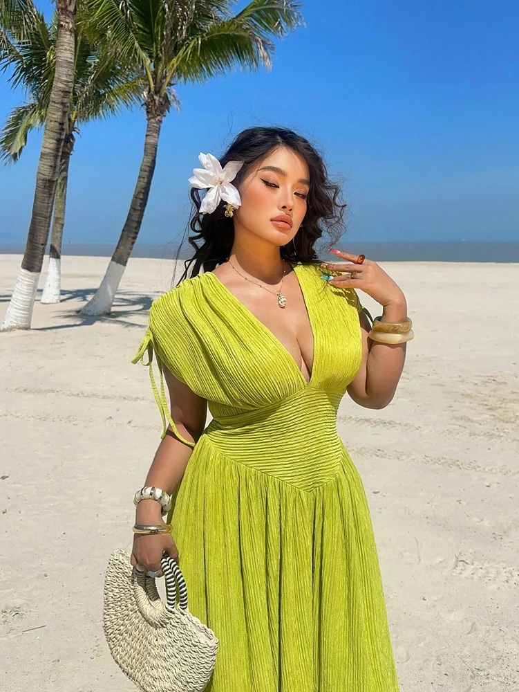 Plus size feminino férias casual beira-mar cintura brilhante vestido de manga curta feriado romântico pulôver de cor pura