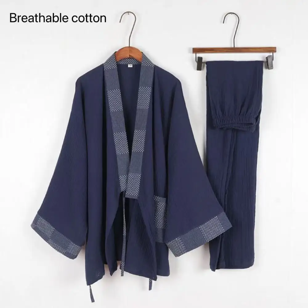 

Men's Breathable Pure Cotton Hanfu Traditional Chinese Cross Collar Long Sleeve Robe Pants Set Vintage Pajamas Home Wear Tea Art