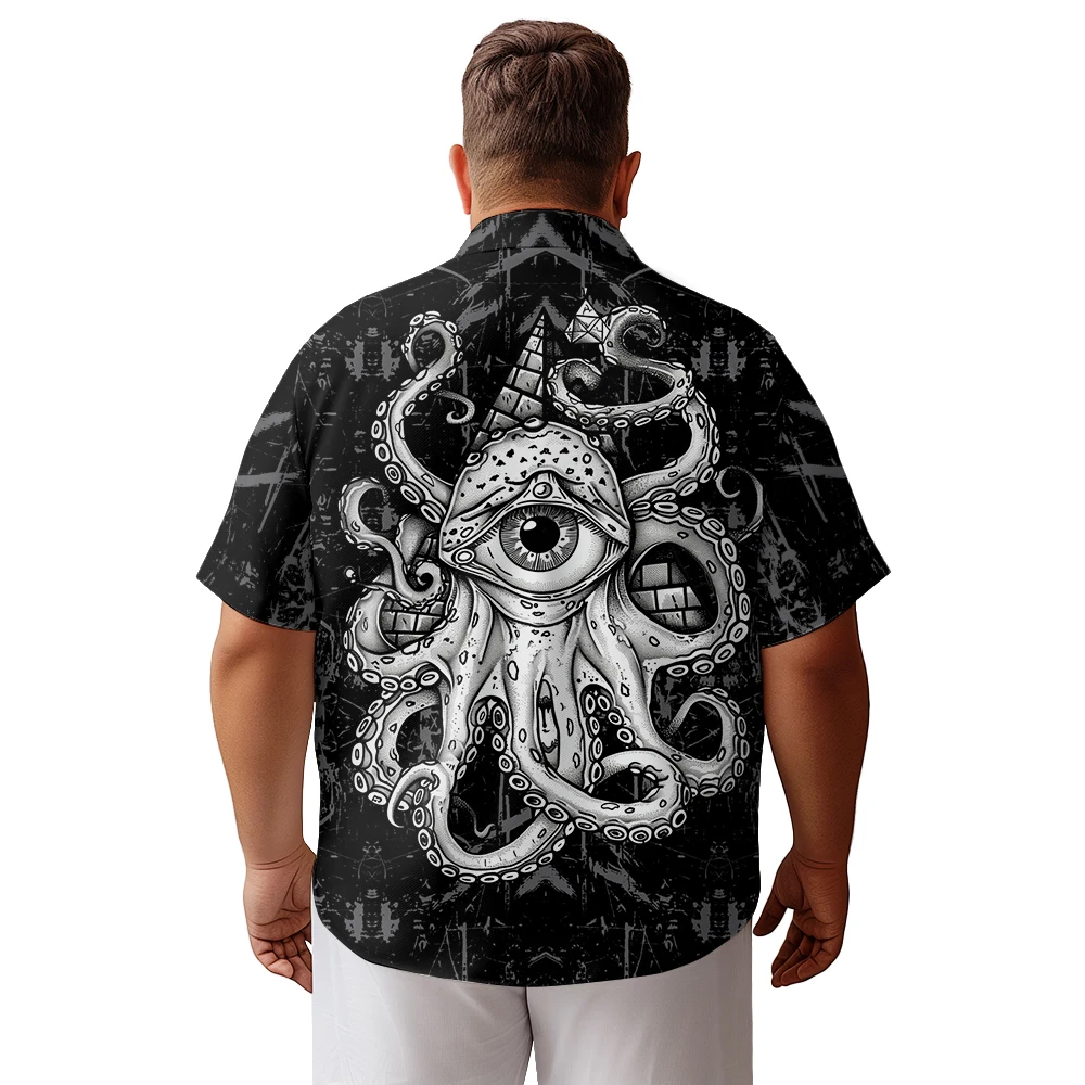 2024 new  Men's shirts plus size Creepy one-eyed octopus in the deep sea on Halloween printed clothing casual short-sleeved