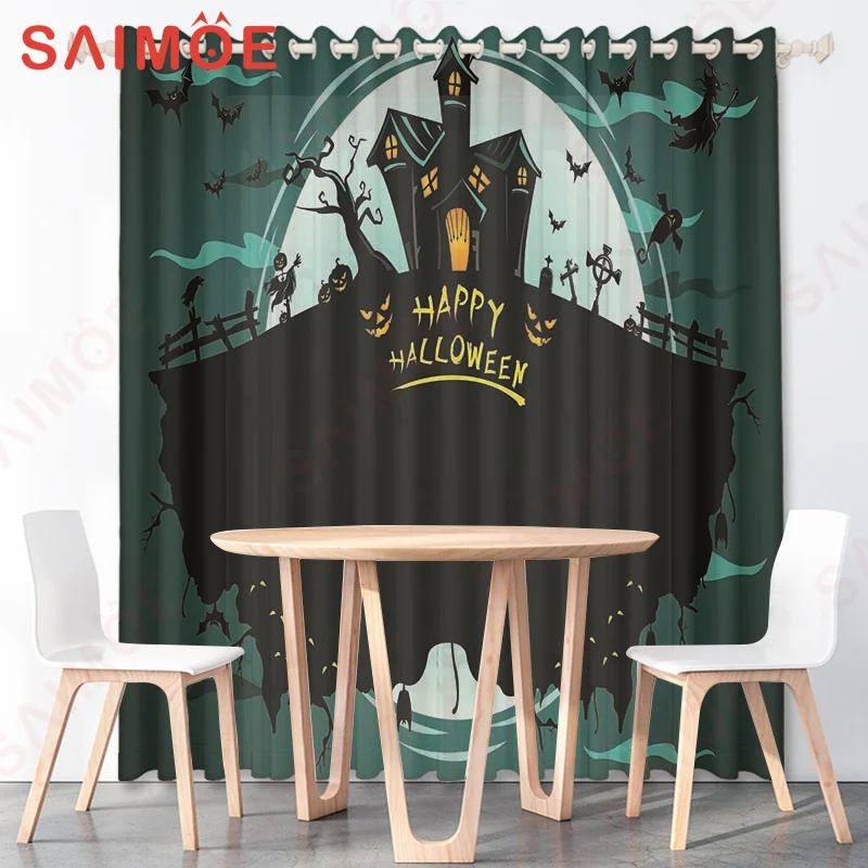 

European American Halloween Pictures Curtain Moon Skeleton Pumpkin Bat Thin Polyester Fabric Office Decoration Custom with Hooks