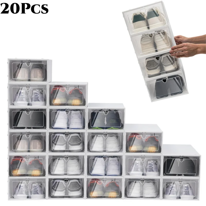 20X Clear Plastic Shoe Storage Box Stackable Foldable Boxes Trainers Organiser