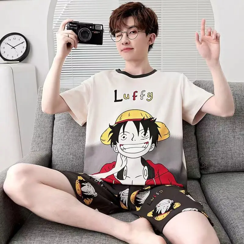 Fashion Young Man Pajamas Set Japan Style Cartoon Print Cool Pijama Summer Roomwear Home Clothes for Students Round Neck Nighty