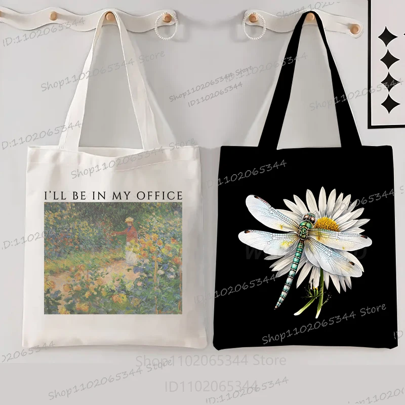 

Картина маслом Подсолнух Стрекоза Женские сумки Винтаж "Я буду в моем офисе" Забавные холщовые сумки для покупок Модная сумка на плечо