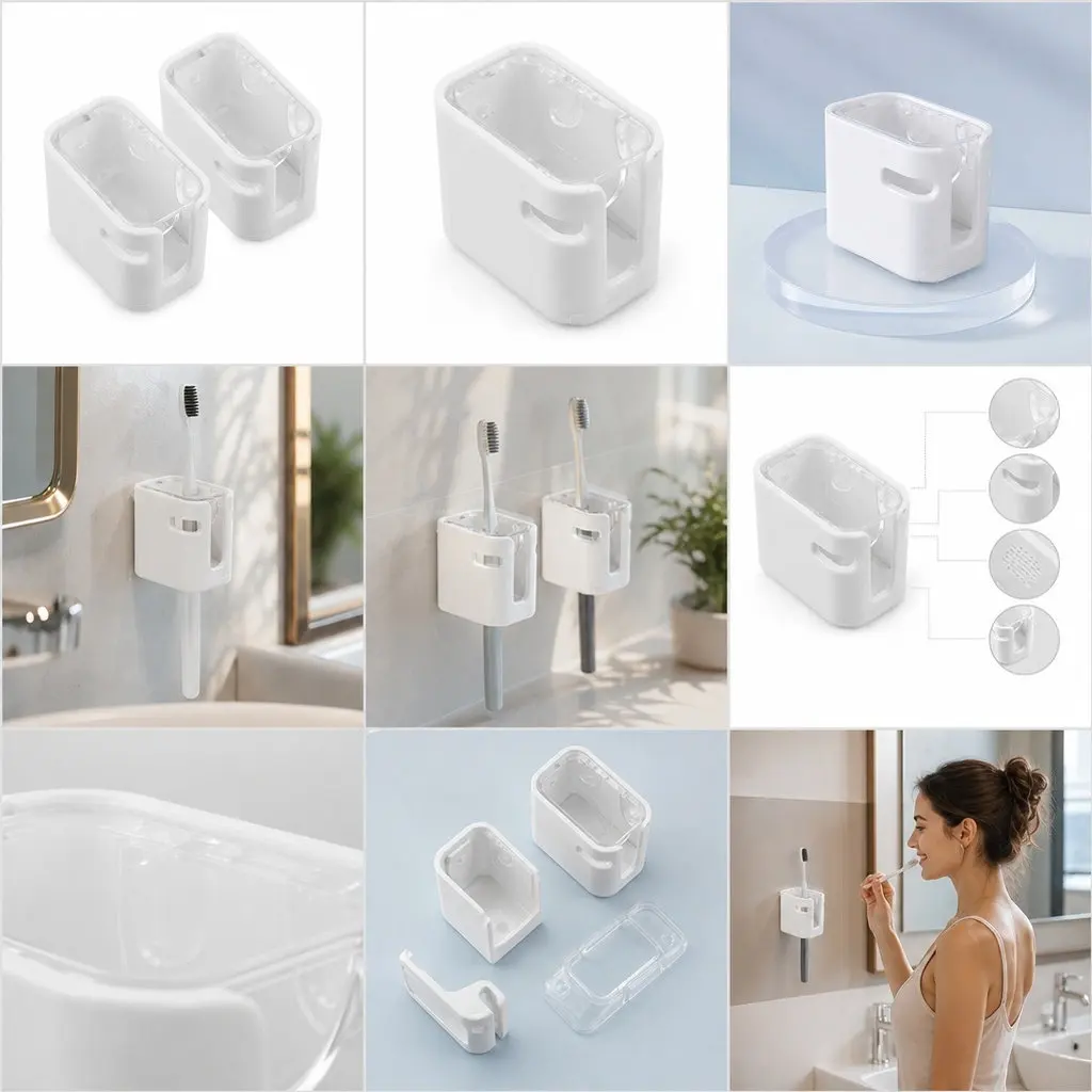 2Pcs Wall Mounted Toothbrush Holder Bathroom Waterproof Self-Adhesive Flip Cover Dustproof Ventilated Drying Space Saving Travel