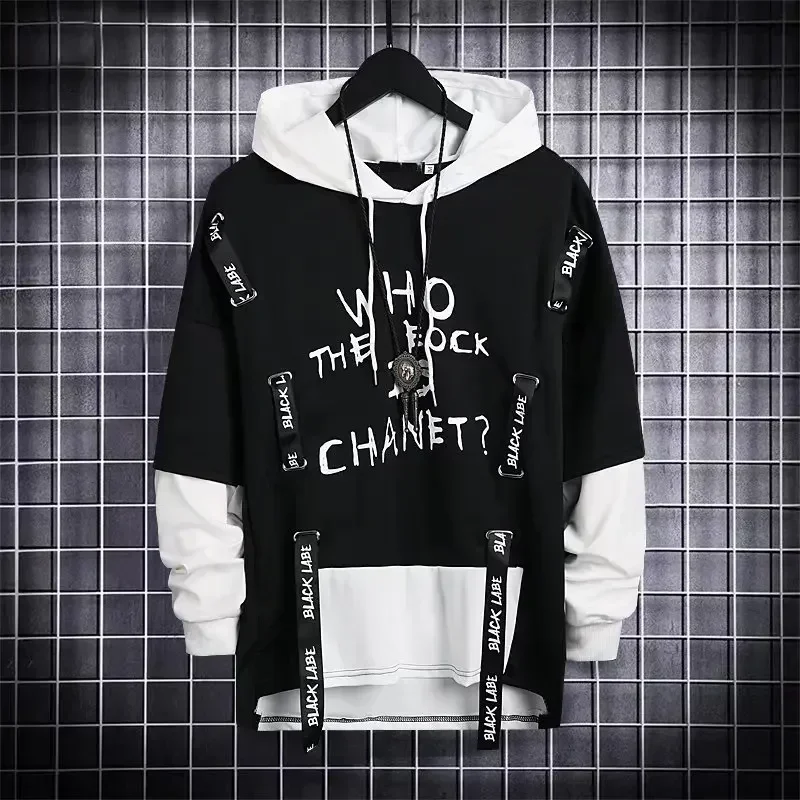 Spring Men\'s Hoodie Sweatshirt Casual Black Gothic Darkwear Hoodies Tops Techwear Hip Hop Harajuku Patchwork Streetwear Men 3XL